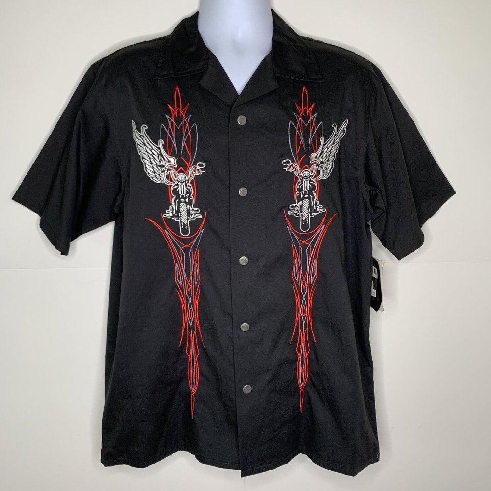 NWT Hard Chrome Gear Mens Rockabilly Skull Biker Button Down Shirt Black LARGE